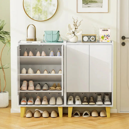 5-Tier Shoe Cabinet with Faux Marble Countertop and Flat Tilting Shelves-White - White - Shoe Racks & Storage Benches