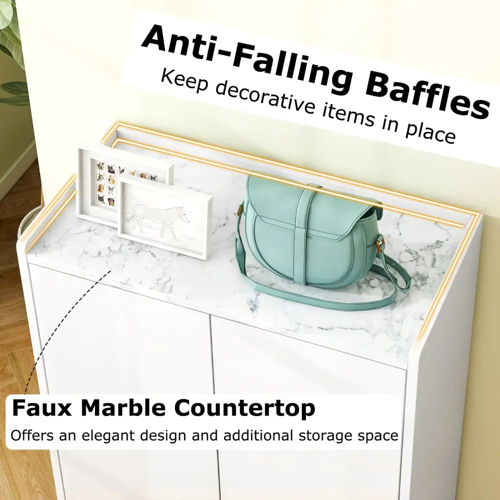5-Tier Shoe Cabinet with Faux Marble Countertop and Flat Tilting Shelves-White - White - Shoe Racks & Storage Benches