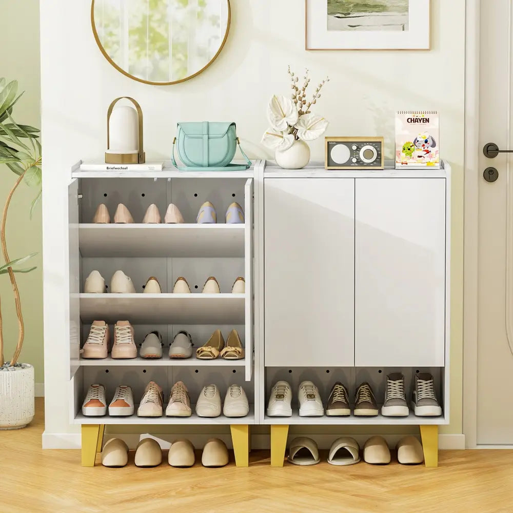 5-Tier Shoe Cabinet with Faux Marble Countertop and Flat Tilting Shelves-White - White - Shoe Racks & Storage Benches