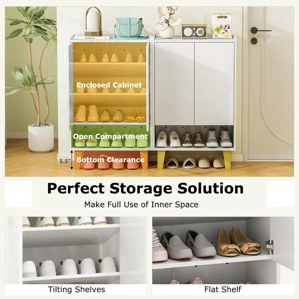 5-Tier Shoe Cabinet with Faux Marble Countertop and Flat Tilting Shelves-White - White - Shoe Racks & Storage Benches