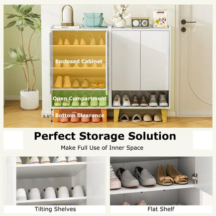 5-Tier Shoe Cabinet with Faux Marble Countertop and Flat Tilting Shelves-White - White - Shoe Racks & Storage Benches