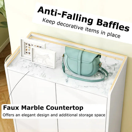 5-Tier Shoe Cabinet with Faux Marble Countertop and Flat Tilting Shelves-White - White - Shoe Racks & Storage Benches