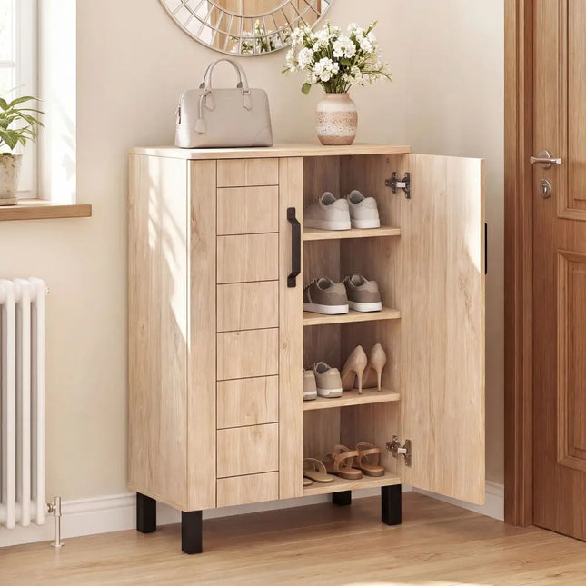 5-Tier Shoe Storage Cabinet Freestanding Wooden Shoe Rack Organizer-Natrual - Natural - Shoe Racks & Storage Benches