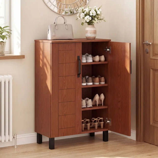 5-Tier Shoe Storage Cabinet Freestanding Wooden Shoe Rack Organizer-Brown - Brown - Shoe Racks & Storage Benches