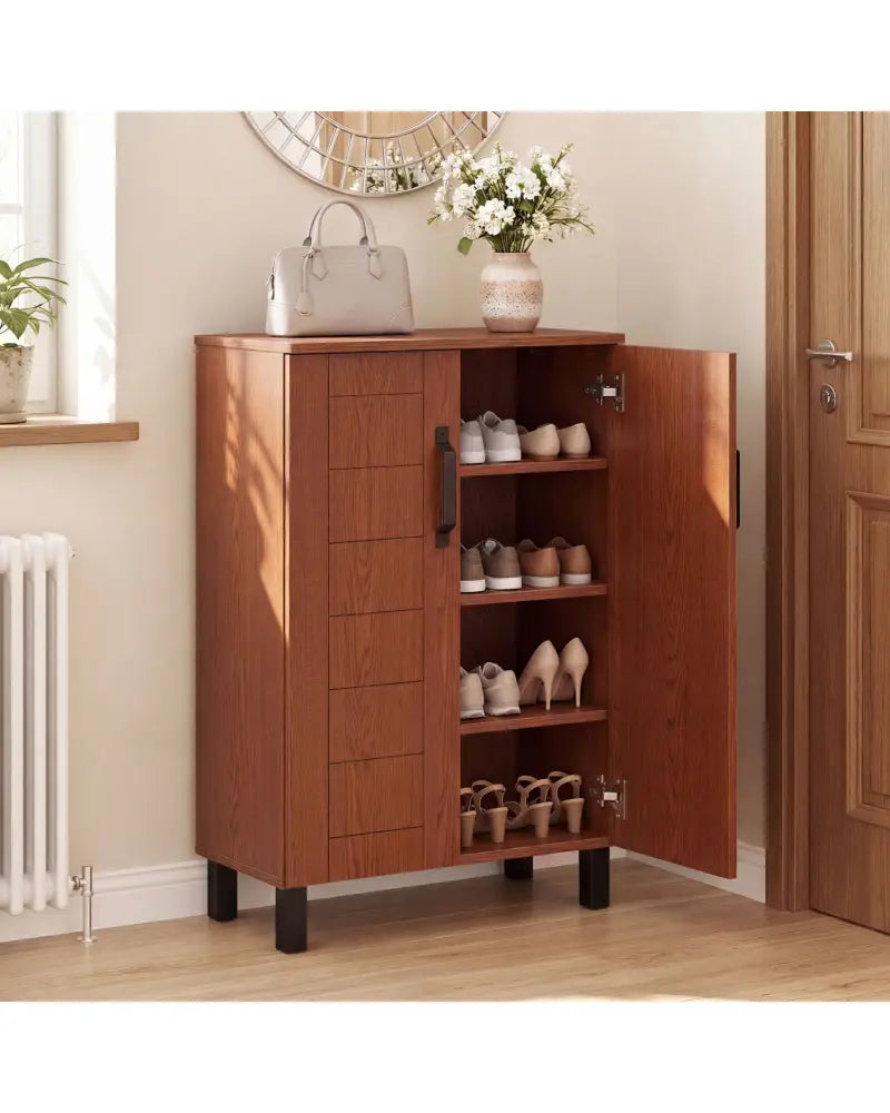 5-Tier Shoe Storage Cabinet Freestanding Wooden Shoe Rack Organizer-Brown - Brown - Shoe Racks & Storage Benches
