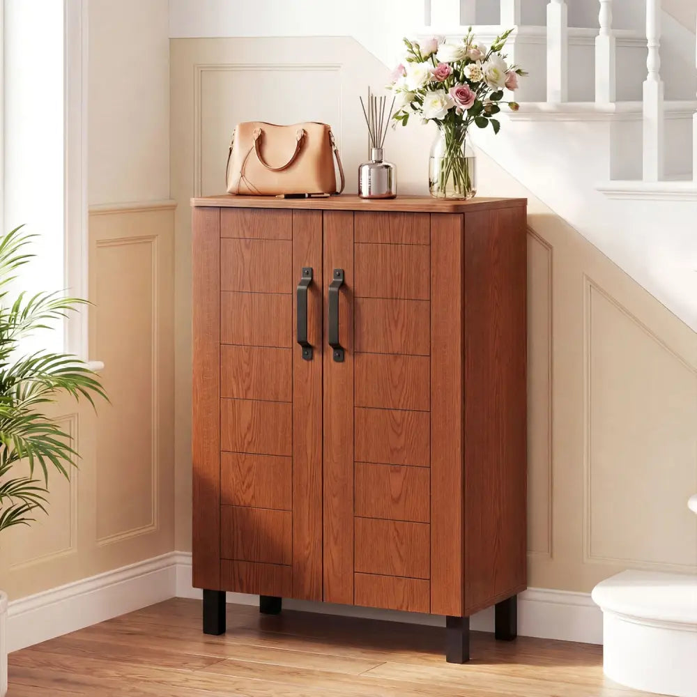 5-Tier Shoe Storage Cabinet Freestanding Wooden Shoe Rack Organizer-Brown - Brown - Shoe Racks & Storage Benches