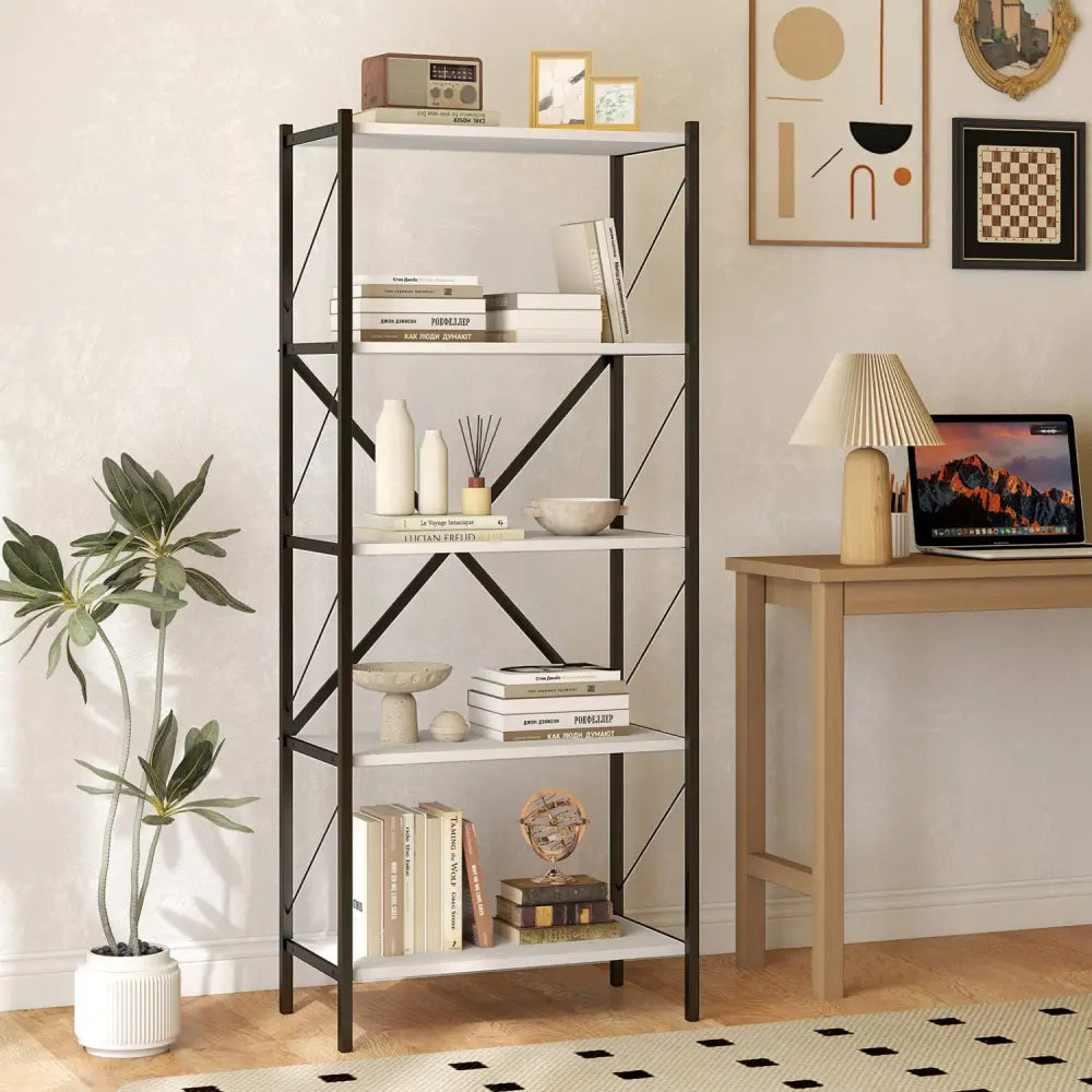 5-Tier Tall Bookshelf Industrial Bookcase with Heavy-Duty Metal Frame Modern Storage-White - White - Bookcases