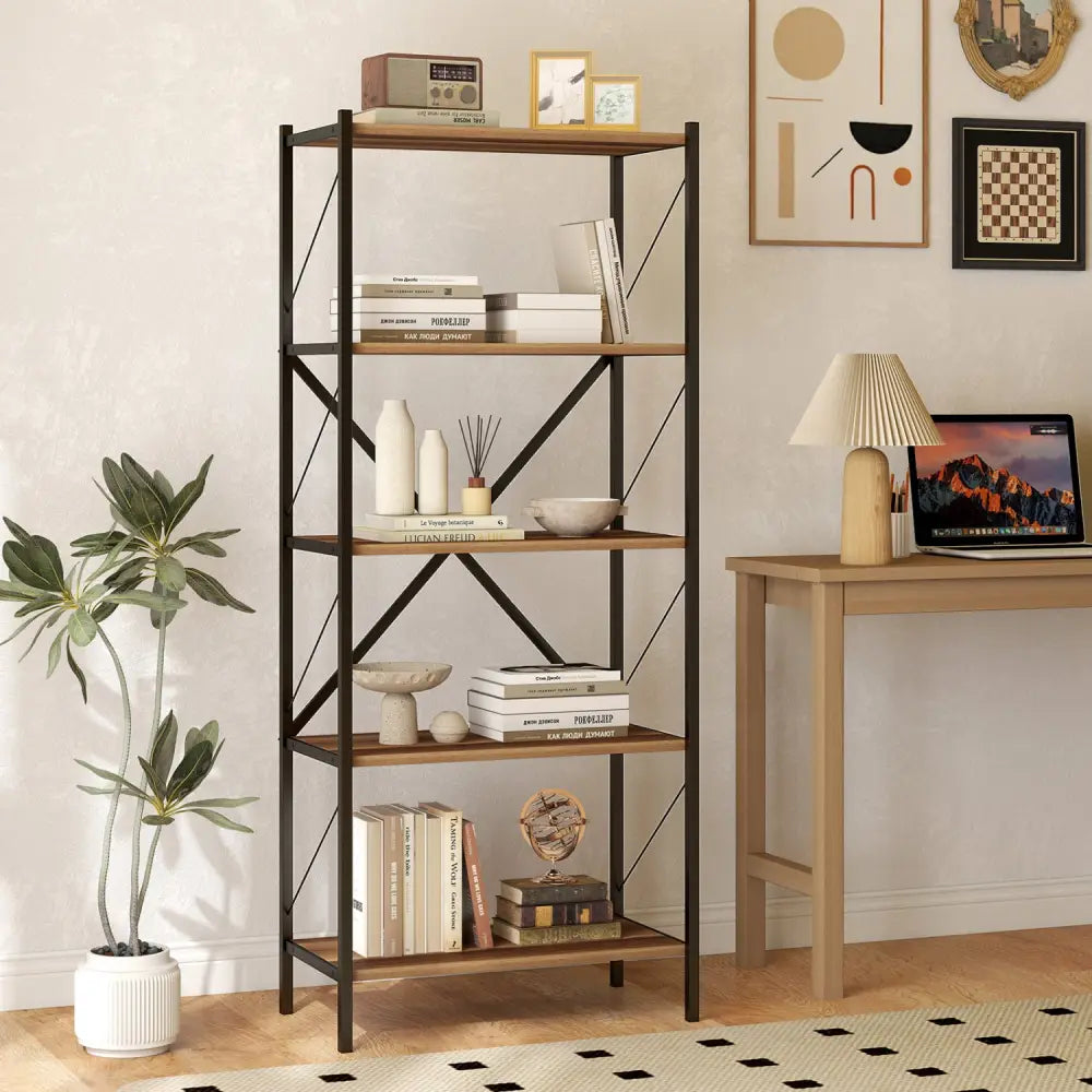 5-Tier Tall Bookshelf Industrial Bookcase with Heavy-Duty Metal Frame Modern Storage-Walnut - Walnut - Bookcases