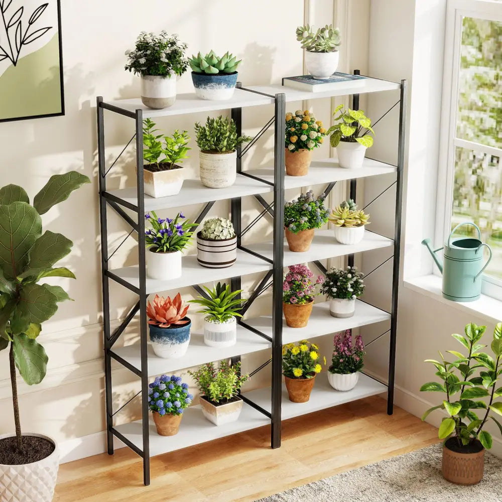 5-Tier Tall Bookshelf Industrial Bookcase with Heavy-Duty Metal Frame Modern Storage-White - White - Bookcases