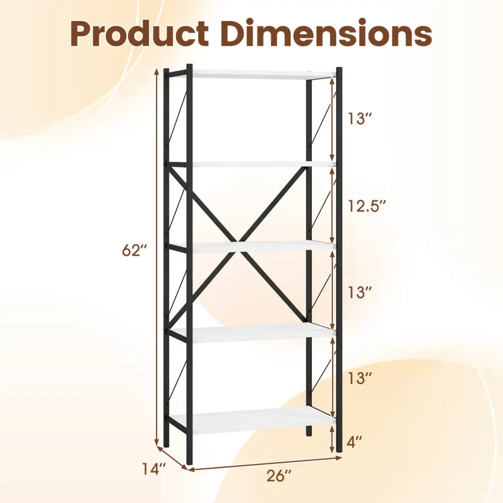 5-Tier Tall Bookshelf Industrial Bookcase with Heavy-Duty Metal Frame Modern Storage-White - White - Bookcases