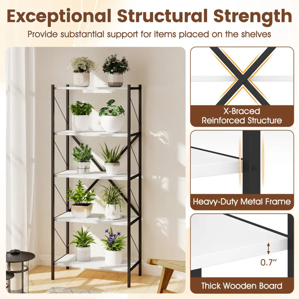 5-Tier Tall Bookshelf Industrial Bookcase with Heavy-Duty Metal Frame Modern Storage-White - White - Bookcases