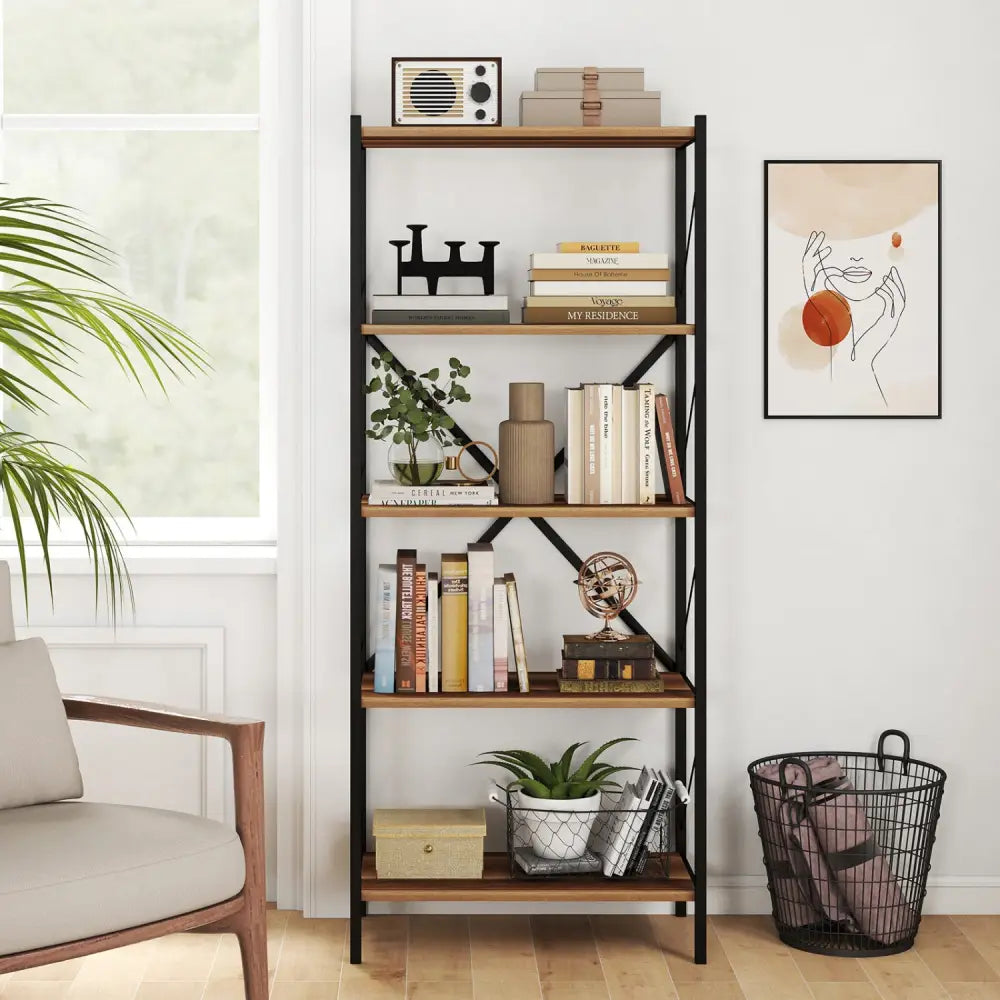 5-Tier Tall Bookshelf Industrial Bookcase with Heavy-Duty Metal Frame Modern Storage-Walnut - Walnut - Bookcases
