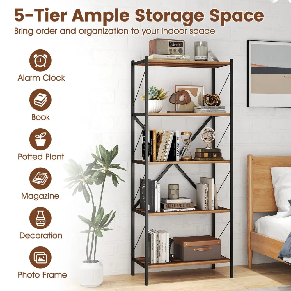 5-Tier Tall Bookshelf Industrial Bookcase with Heavy-Duty Metal Frame Modern Storage-Walnut - Walnut - Bookcases
