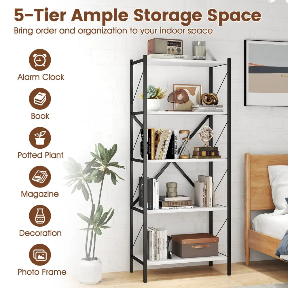 5-Tier Tall Bookshelf Industrial Bookcase with Heavy-Duty Metal Frame Modern Storage-White - White - Bookcases