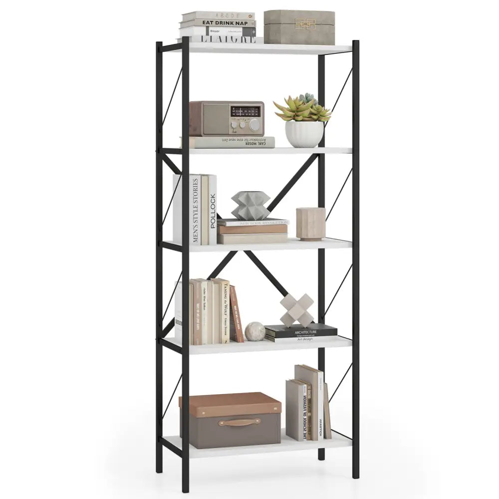 5-Tier Tall Bookshelf Industrial Bookcase with Heavy-Duty Metal Frame Modern Storage-White - White - Bookcases