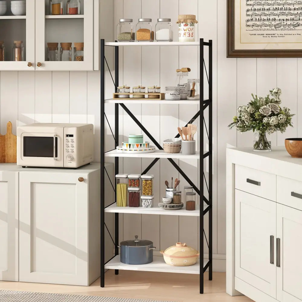 5-Tier Tall Bookshelf Industrial Bookcase with Heavy-Duty Metal Frame Modern Storage-White - White - Bookcases