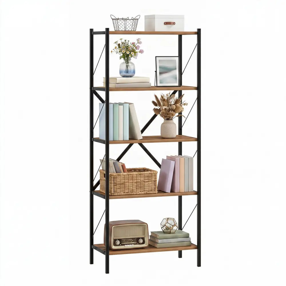 5-Tier Tall Bookshelf Industrial Bookcase with Heavy-Duty Metal Frame Modern Storage-Walnut - Walnut - Bookcases
