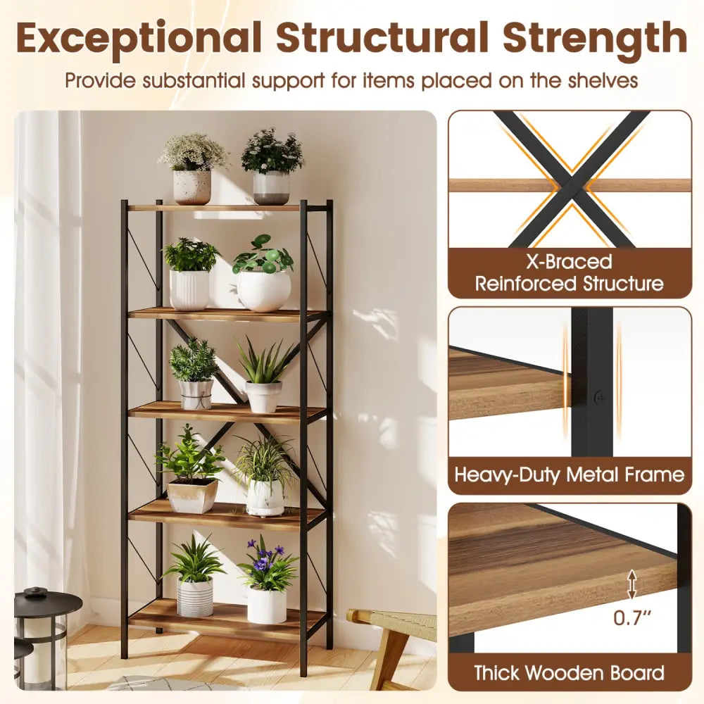 5-Tier Tall Bookshelf Industrial Bookcase with Heavy-Duty Metal Frame Modern Storage-Walnut - Walnut - Bookcases