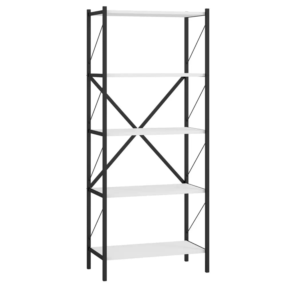 5-Tier Tall Bookshelf Industrial Bookcase with Heavy-Duty Metal Frame Modern Storage-White - White - Bookcases