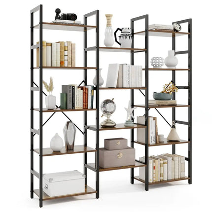 5-tier Triple Wide Heavy-duty Metal Frame Industrial Bookshelf-Rustic Brown - Rustic Brown - Bookcases