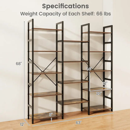 5-tier Triple Wide Heavy-duty Metal Frame Industrial Bookshelf-Rustic Brown - Rustic Brown - Bookcases