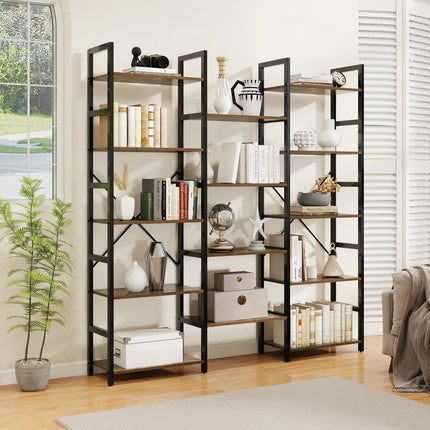 5-tier Triple Wide Heavy-duty Metal Frame Industrial Bookshelf-Rustic Brown - Rustic Brown - Bookcases
