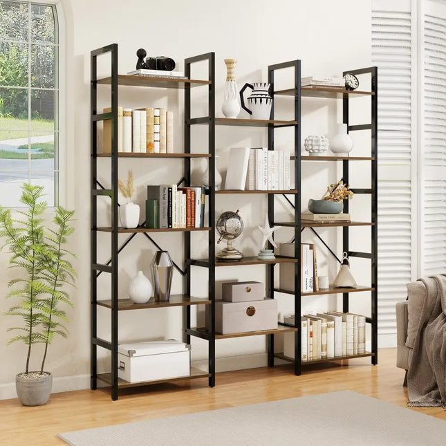 5-tier Triple Wide Heavy-duty Metal Frame Industrial Bookshelf-Rustic Brown - Rustic Brown - Bookcases