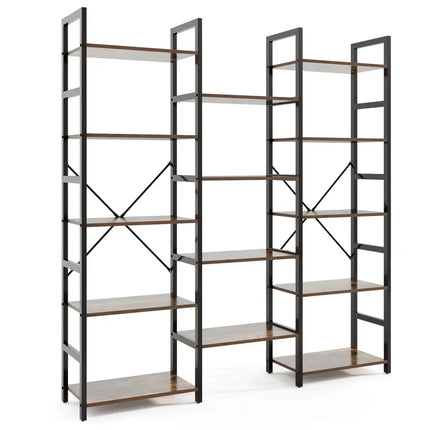5-tier Triple Wide Heavy-duty Metal Frame Industrial Bookshelf-Rustic Brown - Rustic Brown - Bookcases