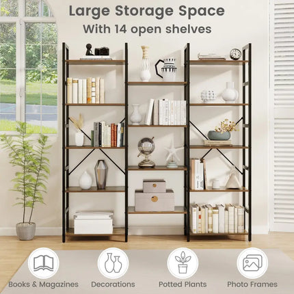 5-tier Triple Wide Heavy-duty Metal Frame Industrial Bookshelf-Rustic Brown - Rustic Brown - Bookcases