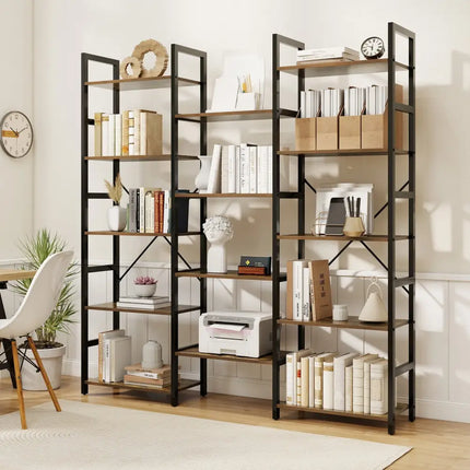 5-tier Triple Wide Heavy-duty Metal Frame Industrial Bookshelf-Rustic Brown - Rustic Brown - Bookcases