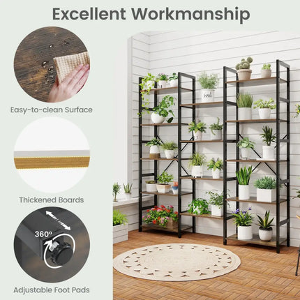5-tier Triple Wide Heavy-duty Metal Frame Industrial Bookshelf-Rustic Brown - Rustic Brown - Bookcases