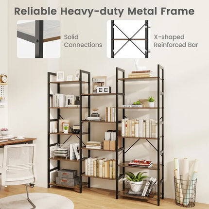5-tier Triple Wide Heavy-duty Metal Frame Industrial Bookshelf-Rustic Brown - Rustic Brown - Bookcases