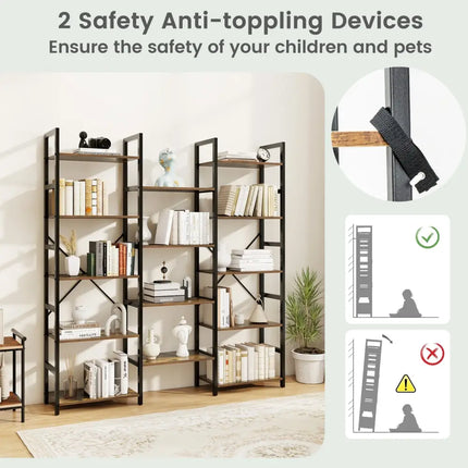 5-tier Triple Wide Heavy-duty Metal Frame Industrial Bookshelf-Rustic Brown - Rustic Brown - Bookcases