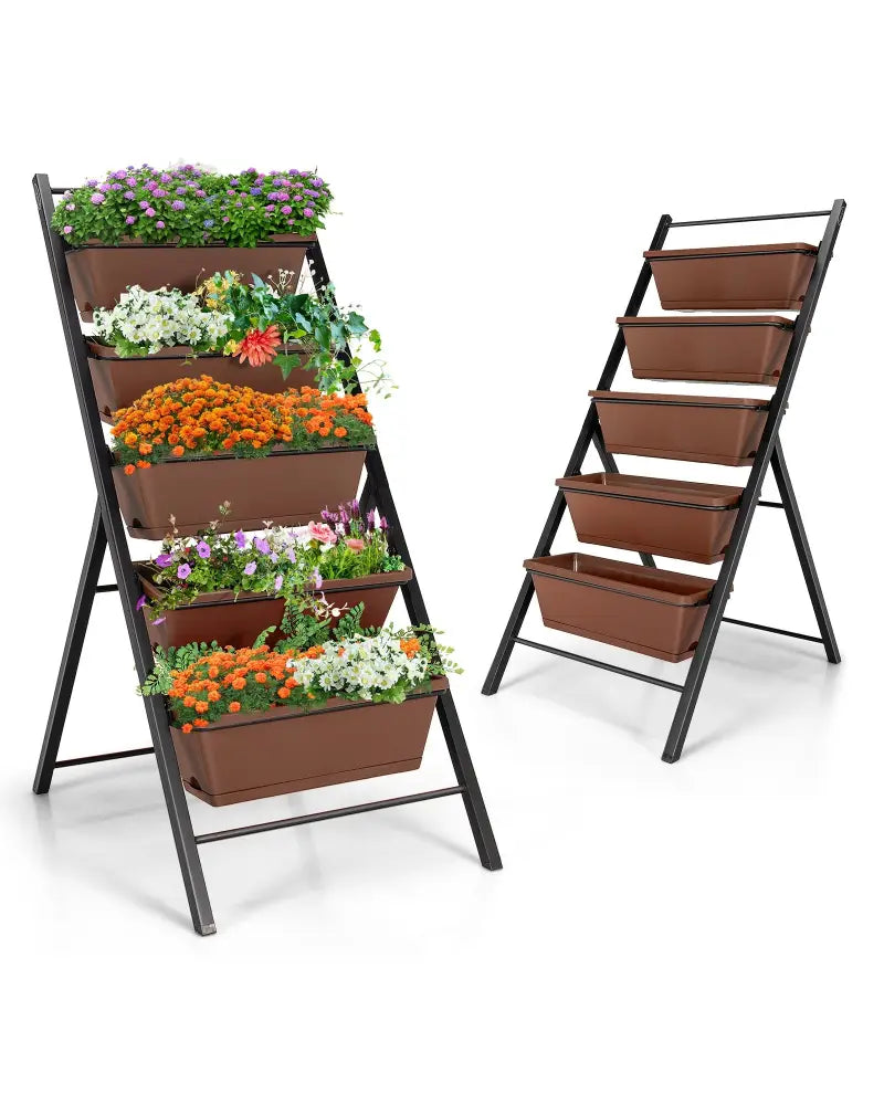 5-tier Vertical Garden Planter Box Elevated Raised Bed with 5 Container-Brown - Brown - Raised Garden Beds