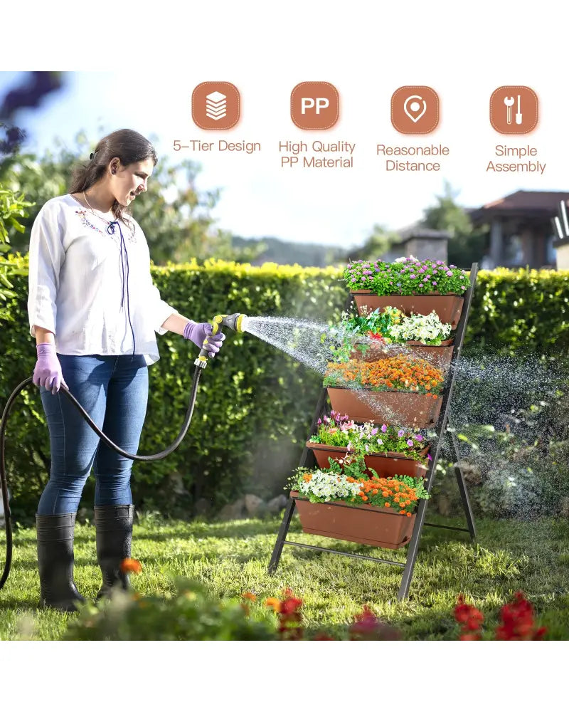 5-tier Vertical Garden Planter Box Elevated Raised Bed with 5 Container-Brown - Brown - Raised Garden Beds