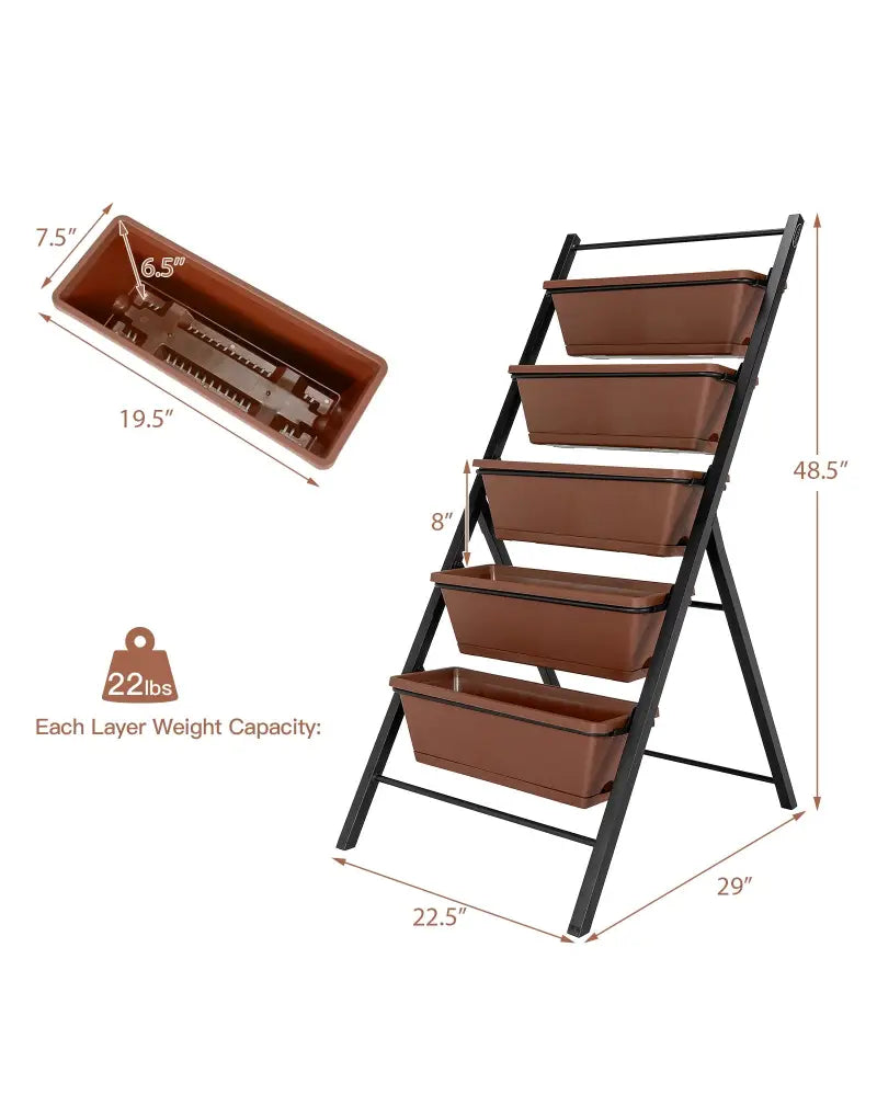5-tier Vertical Garden Planter Box Elevated Raised Bed with 5 Container-Brown - Brown - Raised Garden Beds