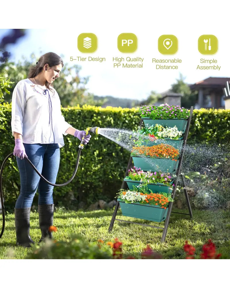 5-tier Vertical Garden Planter Box Elevated Raised Bed with 5 Container-Green - Green - Raised Garden Beds