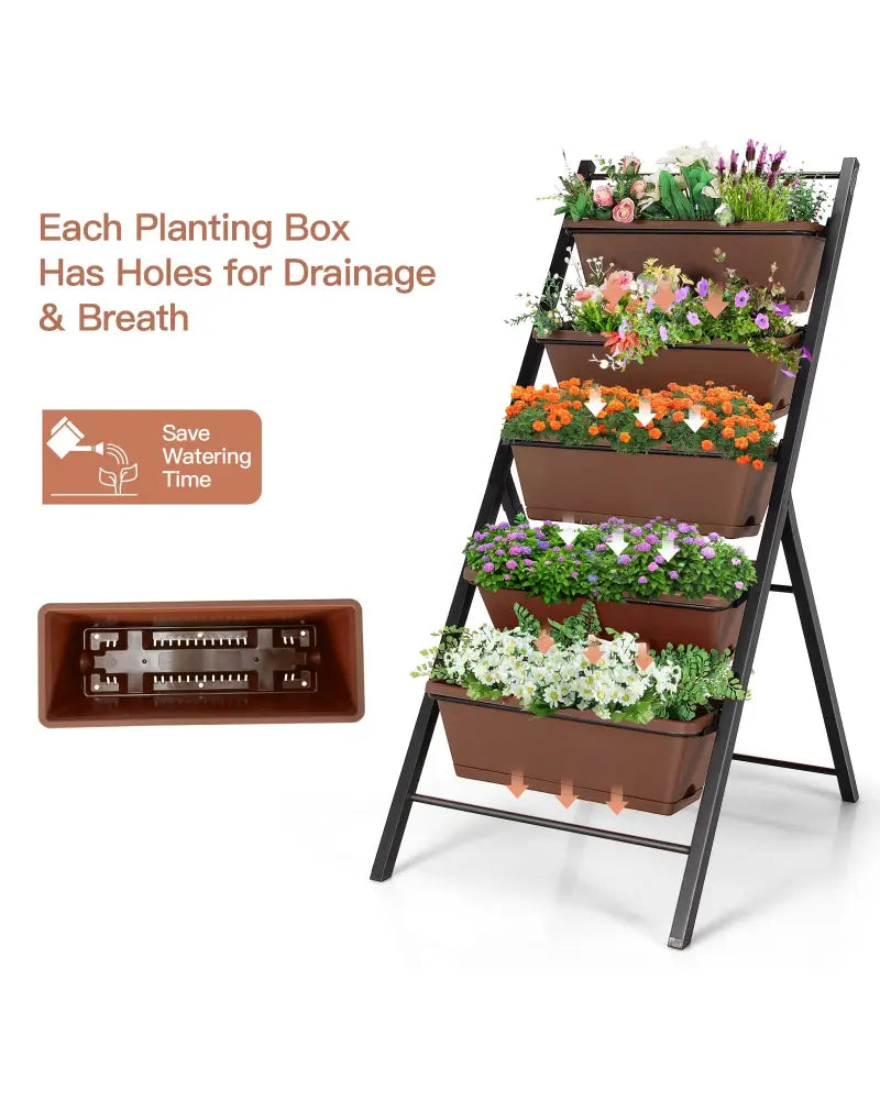 5-tier Vertical Garden Planter Box Elevated Raised Bed with 5 Container-Brown - Brown - Raised Garden Beds