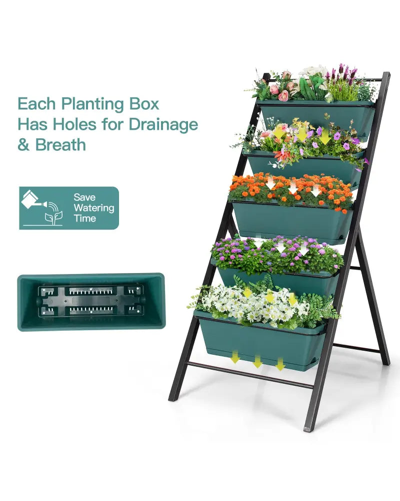 5-tier Vertical Garden Planter Box Elevated Raised Bed with 5 Container-Green - Green - Raised Garden Beds