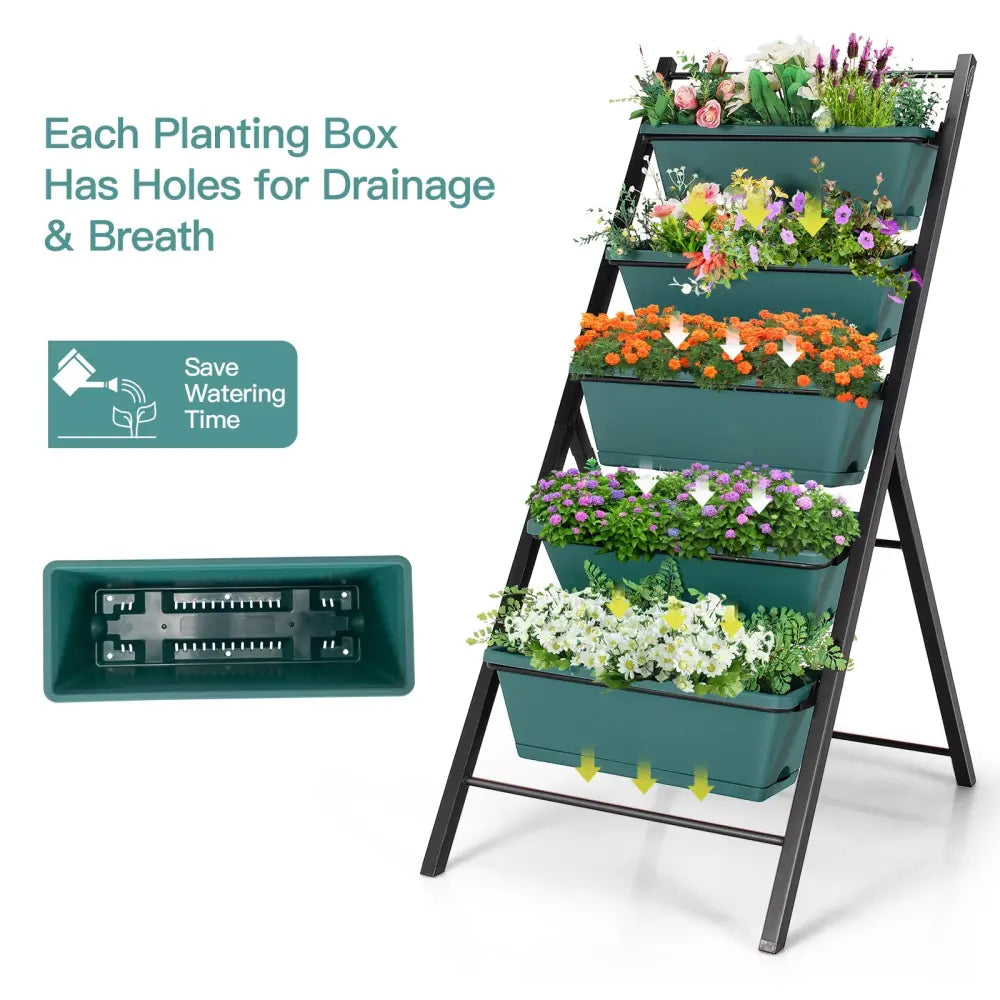 5-tier Vertical Garden Planter Box Elevated Raised Bed with 5 Container-Green - Green - Raised Garden Beds