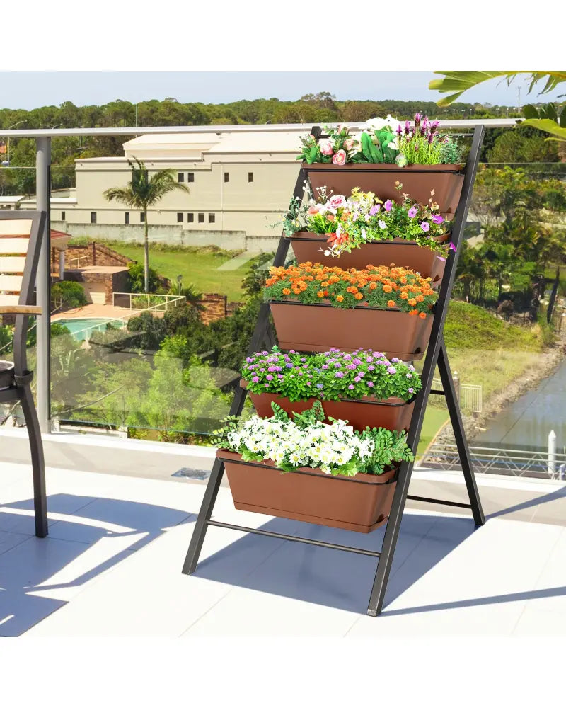 5-tier Vertical Garden Planter Box Elevated Raised Bed with 5 Container-Brown - Brown - Raised Garden Beds