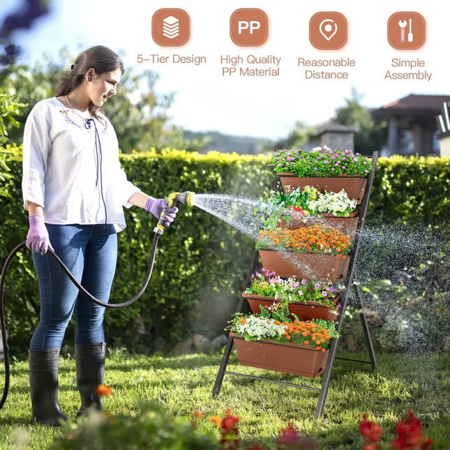 5-tier Vertical Garden Planter Box Elevated Raised Bed with 5 Container-Brown - Brown - Raised Garden Beds
