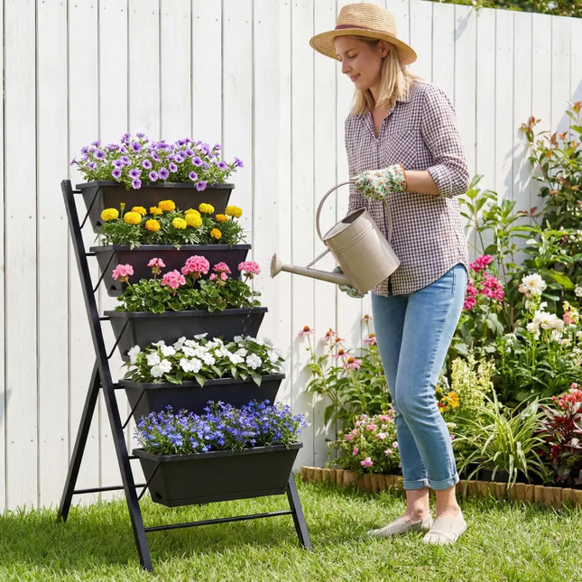5-Tier Vertical Raised Garden Bed with Drainage Holes for Patio - Black - Raised Garden Beds