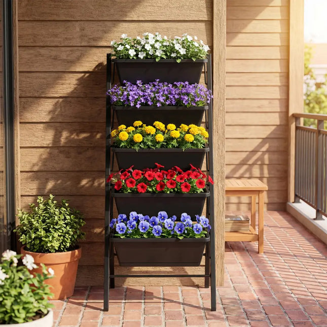 5-Tier Vertical Raised Garden Bed with Drainage Holes for Patio - Black - Raised Garden Beds