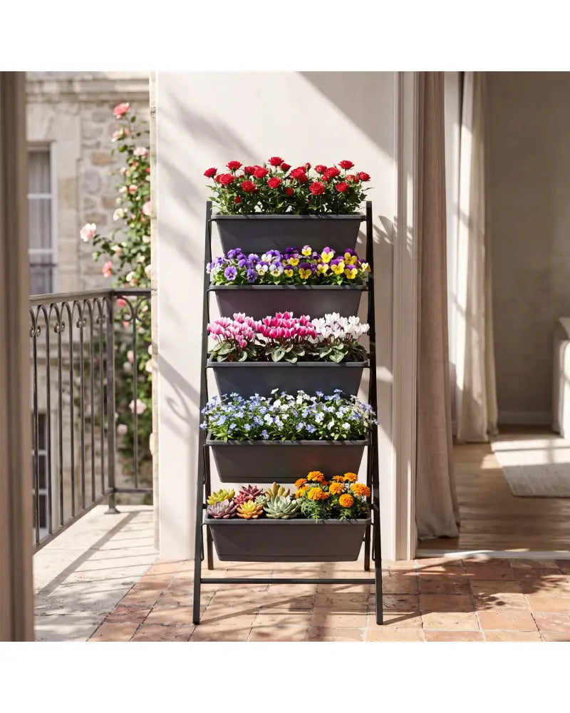5-Tier Vertical Raised Garden Bed with Drainage System and Removable Trays for Vegetables-Black - Black - Raised Garden