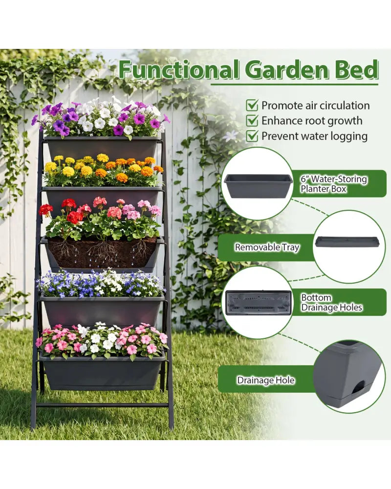 5-Tier Vertical Raised Garden Bed with Drainage System and Removable Trays for Vegetables-Black - Black - Raised Garden