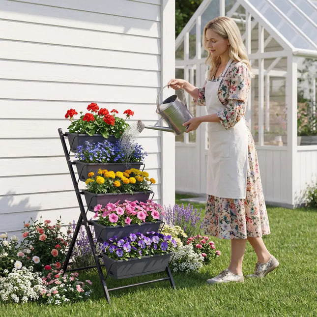 5-Tier Vertical Raised Garden Bed with Drainage System and Removable Trays for Vegetables-Black - Black - Raised Garden