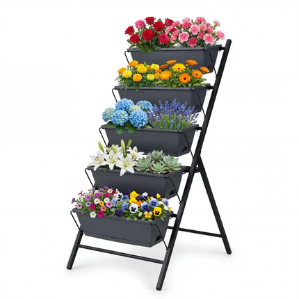 5-Tier Vertical Raised Garden Bed with Drainage System and Removable Trays for Vegetables-Black - Black - Raised Garden