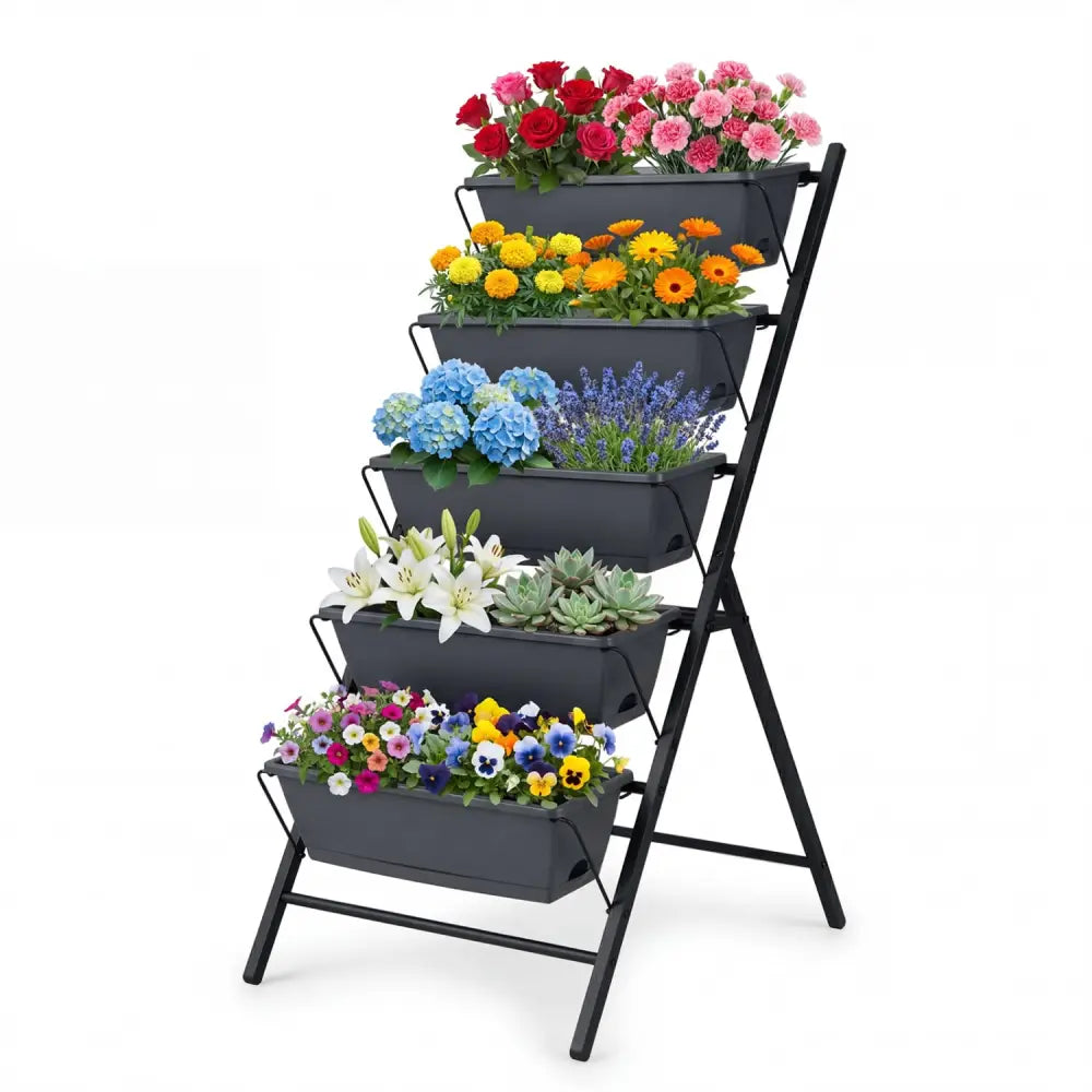 5-Tier Vertical Raised Garden Bed with Drainage System and Removable Trays for Vegetables-Black - Black - Raised Garden
