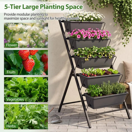 5-Tier Vertical Raised Garden Bed with Drainage System and Removable Trays for Vegetables-Black - Black - Raised Garden